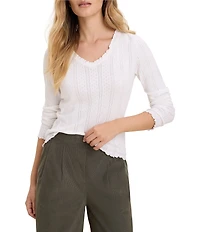 nz by NIC + ZOE Pointelle Rib Knit Cleo Scalloped Scoop Neck Long Sleeve Fitted Tee