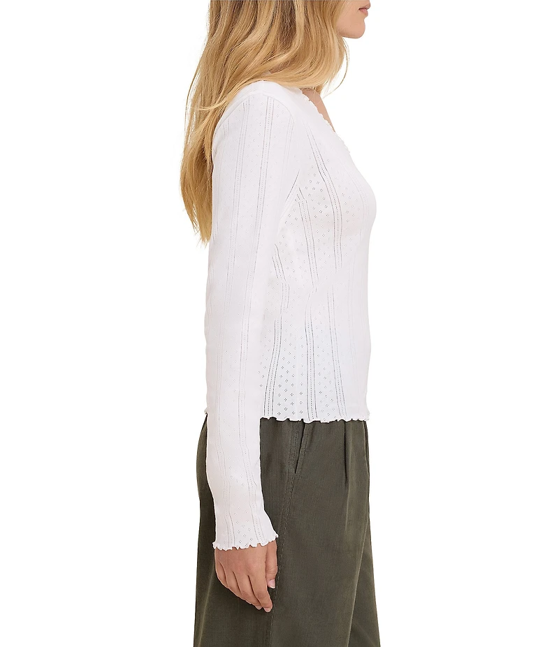 nz by NIC + ZOE Pointelle Rib Knit Cleo Scalloped Scoop Neck Long Sleeve Fitted Tee