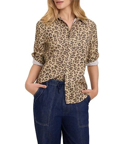 nz by NIC+ ZOE Cheetah Print Point Collar Long Sleeve Button-Front Shirt