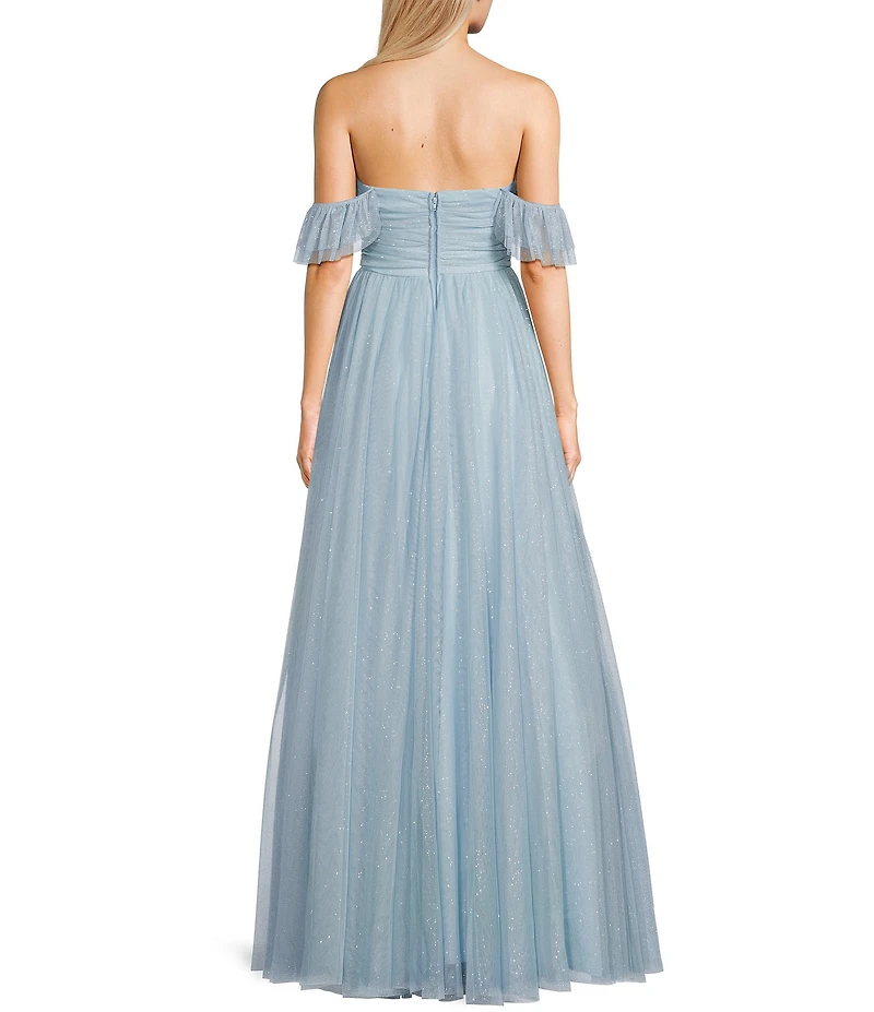 City Vibe Of-The-Shoulder Ruched Bodice Mesh Long Dress