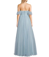 City Vibe Of-The-Shoulder Ruched Bodice Mesh Long Dress