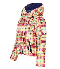 Obermeyer Calypso Down Plaid Print Asymmetrical Zip Puffer Ski Jacket
