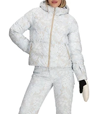 Obermeyer Slopeside Floral Printed Hooded Stand Collar Zip Front Puffer Down Ski Jacket