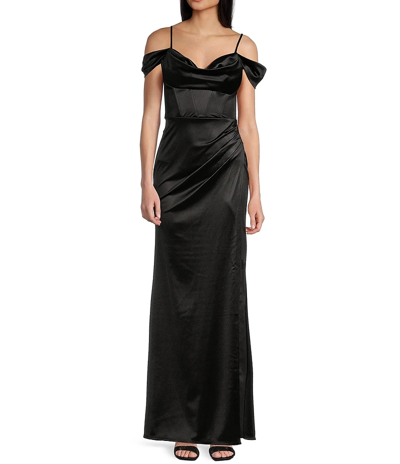 B. Darlin Off-The-Shoulder Corset Wrap Side Slit Long Dress