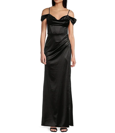 B. Darlin Off-The-Shoulder Corset Wrap Side Slit Long Dress