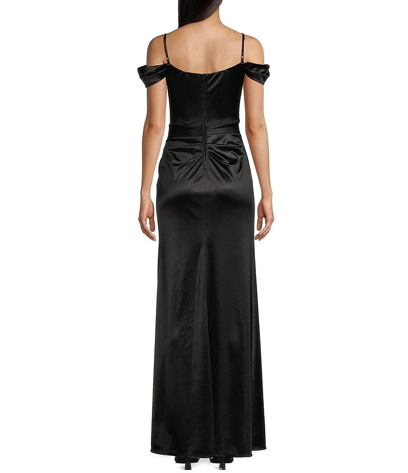 B. Darlin Off-The-Shoulder Corset Wrap Side Slit Long Dress