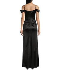 B. Darlin Off-The-Shoulder Corset Wrap Side Slit Long Dress