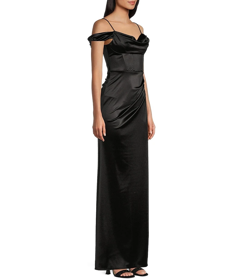 B. Darlin Off-The-Shoulder Corset Wrap Side Slit Long Dress