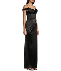 B. Darlin Off-The-Shoulder Corset Wrap Side Slit Long Dress