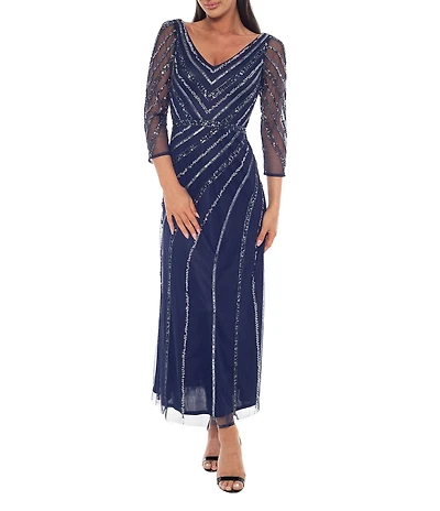 Oleg Cassini 3/4 Illusion Sleeve Beaded Mesh Gown