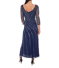 Oleg Cassini 3/4 Illusion Sleeve Beaded Mesh Gown