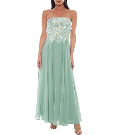 Oleg Cassini 3D Floral Embroidered Bodice Strapless Chiffon Gown