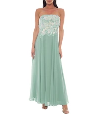 Oleg Cassini 3D Floral Embroidered Bodice Strapless Chiffon Gown