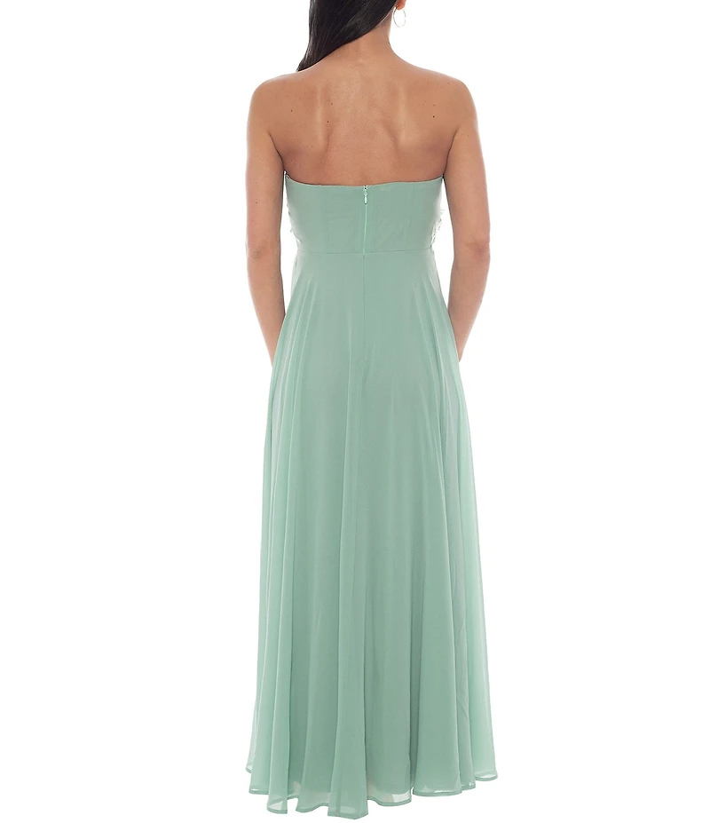 Oleg Cassini 3D Floral Embroidered Bodice Strapless Chiffon Gown