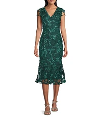 Oleg Cassini 3D Flower Petal Mesh V-Neck Cap Sleeve Midi Gown