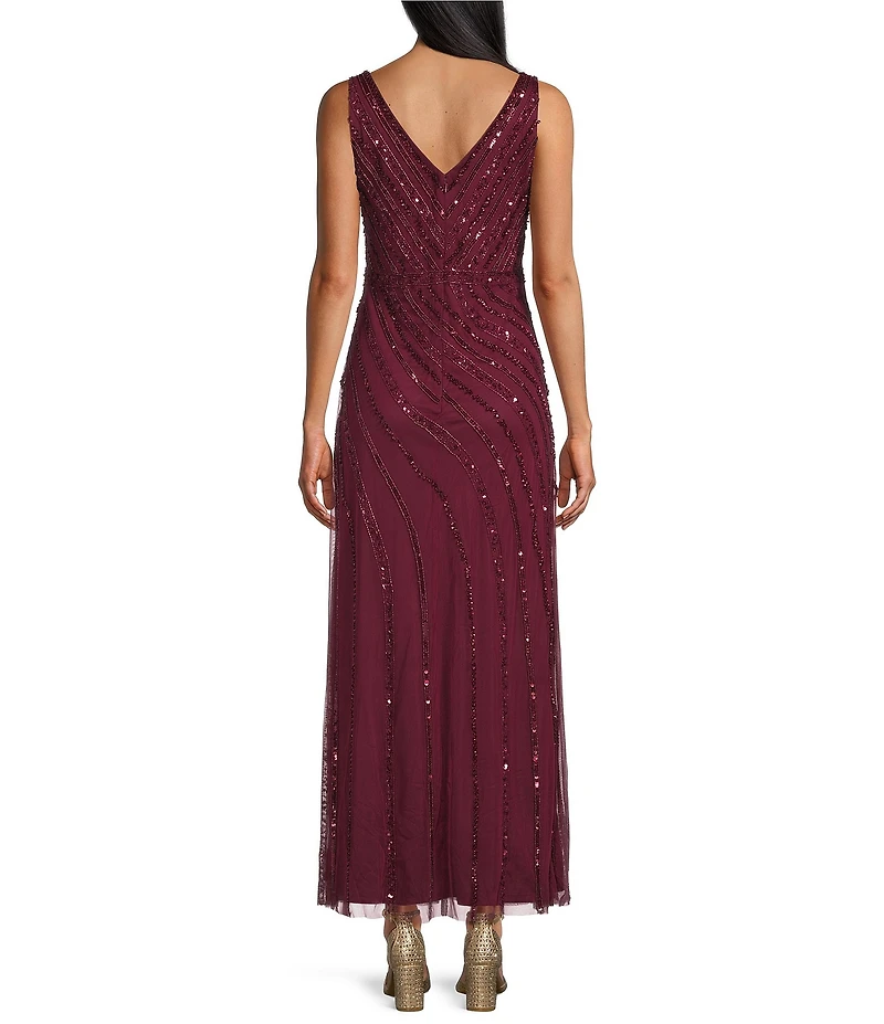 Oleg Cassini Beaded Mesh V-Neck Sleeveless Gown