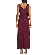 Oleg Cassini Beaded Mesh V-Neck Sleeveless Gown