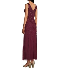 Oleg Cassini Beaded Mesh V-Neck Sleeveless Gown