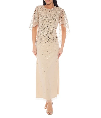 Oleg Cassini Beaded Nylon Mesh Crew Neck Flutter Sleeve Gown