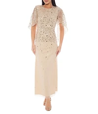 Oleg Cassini Beaded Nylon Mesh Crew Neck Flutter Sleeve Gown