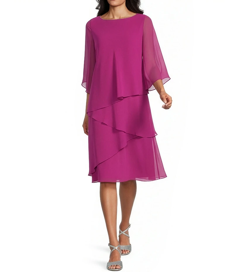 Oleg Cassini Cold Shoulder 3/4 Sleeve Tiered Sheath Dress