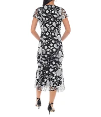 Oleg Cassini Embroidered Mesh Cap Sleeve Ruffle Skirt Midi Dress