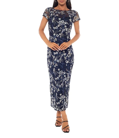 Oleg Cassini Embroidered Mesh Illusion Boat Neck Short Sleeve Midi Dress