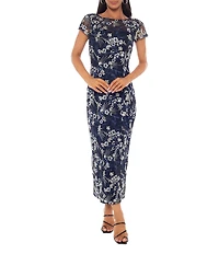 Oleg Cassini Embroidered Mesh Illusion Boat Neck Short Sleeve Midi Dress