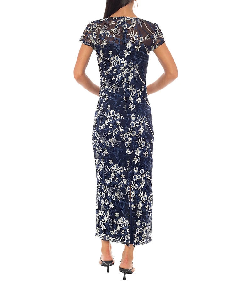 Oleg Cassini Embroidered Mesh Illusion Boat Neck Short Sleeve Midi Dress