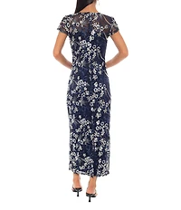 Oleg Cassini Embroidered Mesh Illusion Boat Neck Short Sleeve Midi Dress