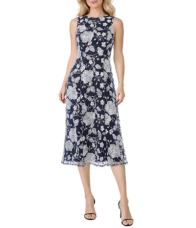 Oleg Cassini Embroidered Mesh Sleeveless Crew Neck Midi Dress