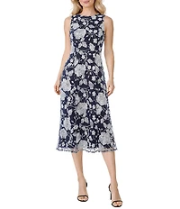 Oleg Cassini Embroidered Mesh Sleeveless Crew Neck Midi Dress