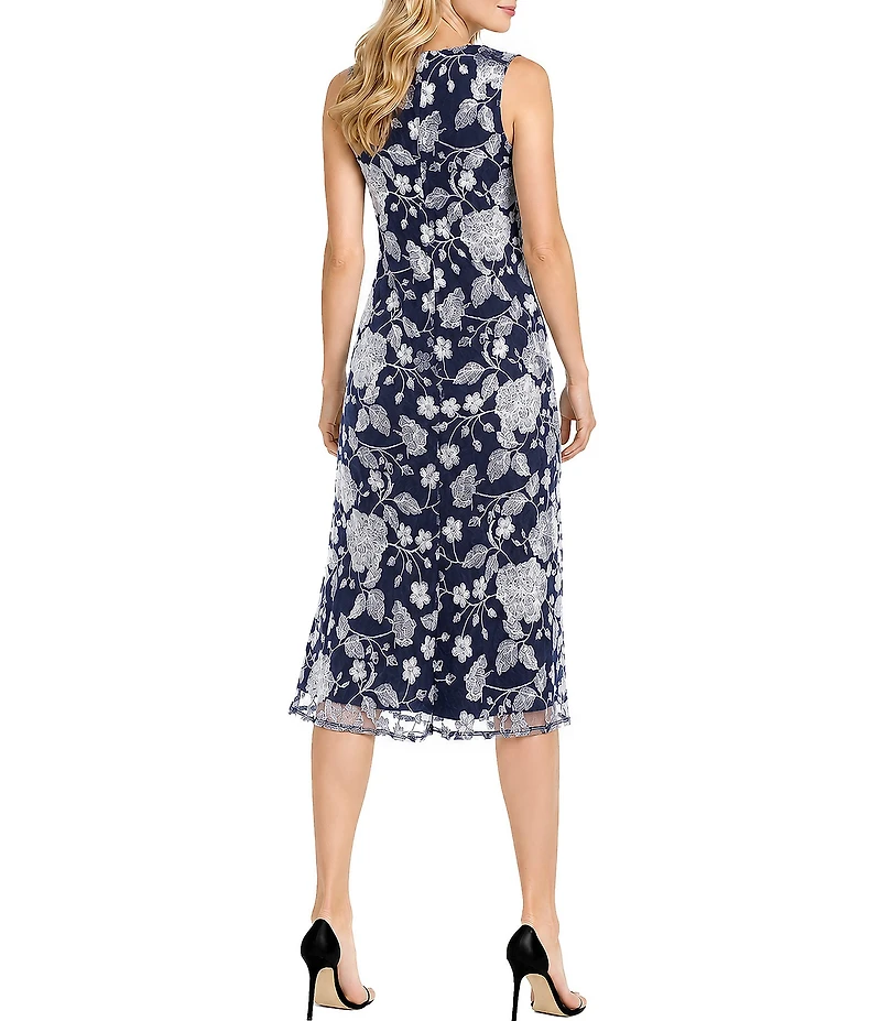 Oleg Cassini Embroidered Mesh Sleeveless Crew Neck Midi Dress