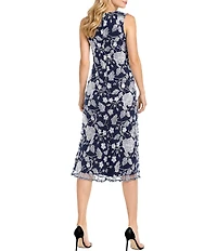 Oleg Cassini Embroidered Mesh Sleeveless Crew Neck Midi Dress