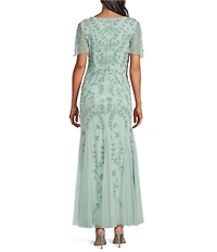 Oleg Cassini Floral Beaded Mesh V-Neck Short Sleeve Godet Dress
