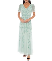 Oleg Cassini Floral Beaded Mesh V-Neck Short Sleeve Godet Dress