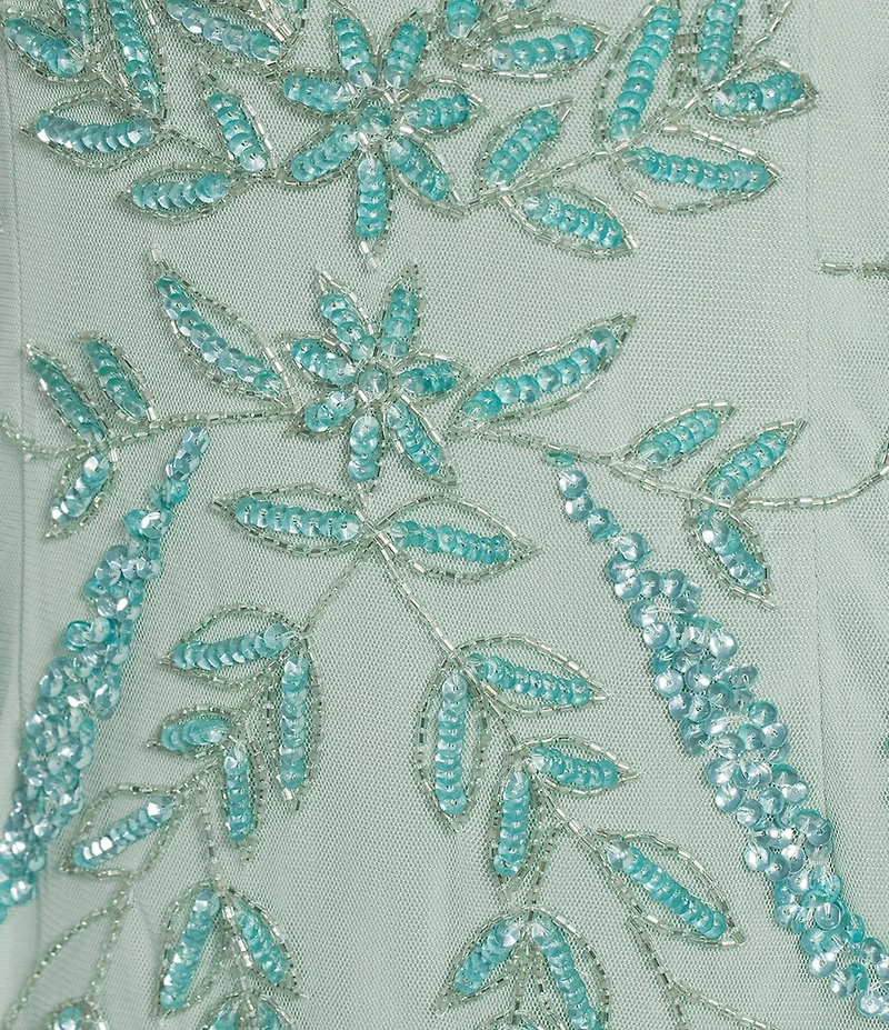 Oleg Cassini Floral Beaded Mesh V-Neck Short Sleeve Godet Dress