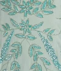 Oleg Cassini Floral Beaded Mesh V-Neck Short Sleeve Godet Dress