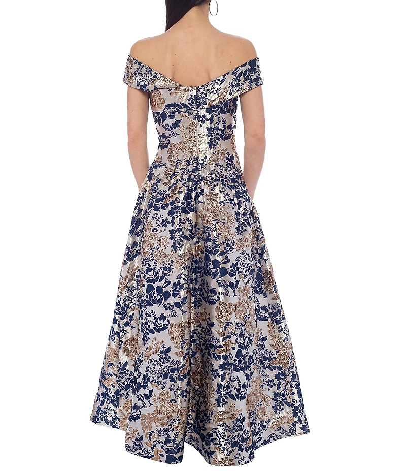 Oleg Cassini Floral Brocade Off The Shoulder Asymmetrical Neck Long Gown