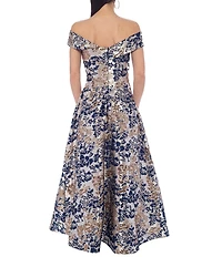 Oleg Cassini Floral Brocade Off The Shoulder Asymmetrical Neck Long Gown
