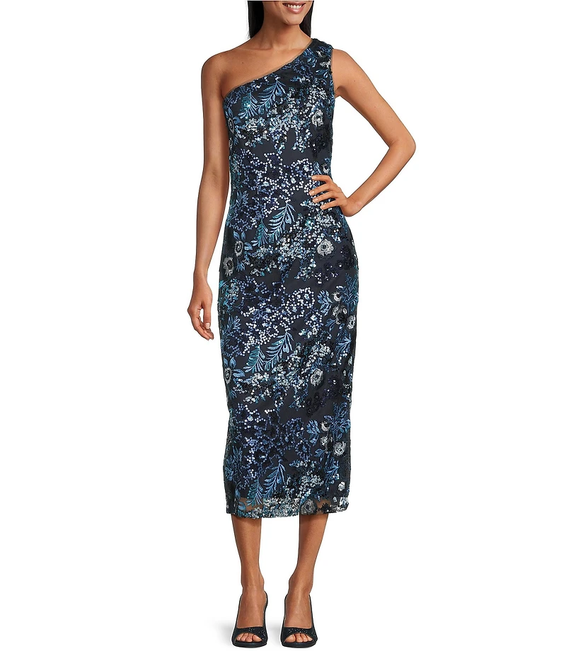 Oleg Cassini Floral Embroidered Sequin Mesh One Shoulder Sleeveless Midi Gown