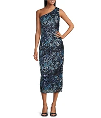 Oleg Cassini Floral Embroidered Sequin Mesh One Shoulder Sleeveless Midi Gown