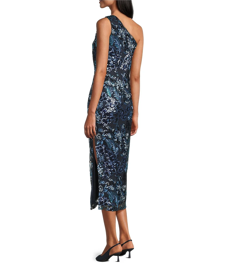 Oleg Cassini Floral Embroidered Sequin Mesh One Shoulder Sleeveless Midi Gown