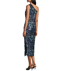 Oleg Cassini Floral Embroidered Sequin Mesh One Shoulder Sleeveless Midi Gown