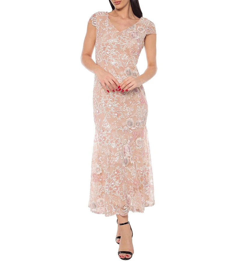 Oleg Cassini Floral Embroidered V-Neck Cap Sleeve Midi Dress