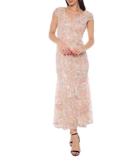 Oleg Cassini Floral Embroidered V-Neck Cap Sleeve Midi Dress