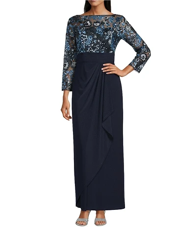 Oleg Cassini Floral Embroidery Sequin Mesh 3/4 Sleeve Gown