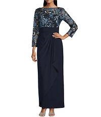 Oleg Cassini Floral Embroidery Sequin Mesh 3/4 Sleeve Gown