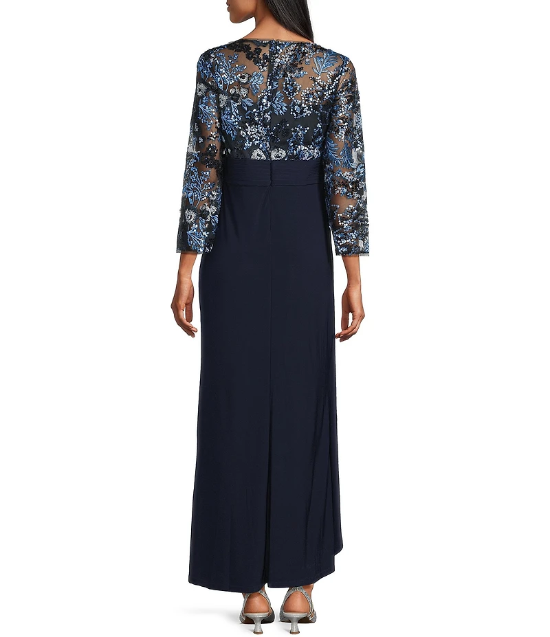 Oleg Cassini Floral Embroidery Sequin Mesh 3/4 Sleeve Gown