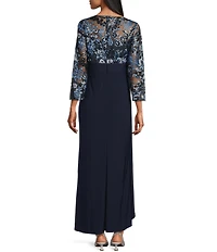 Oleg Cassini Floral Embroidery Sequin Mesh 3/4 Sleeve Gown